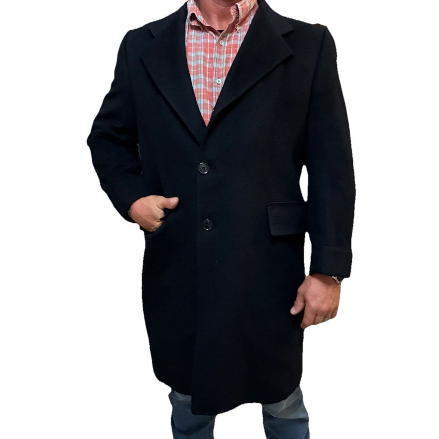 Vtg Men's L Navy Blue Cashmere Overcoat Wool Orlon Lined Trench Coat Usa 50s